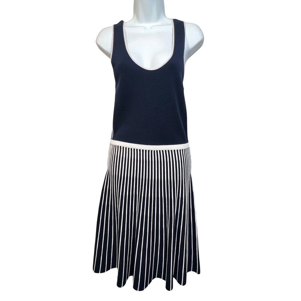 Banana Republic Navy White Stripe Knit Dress Sleeveless flattering pleatedSize S